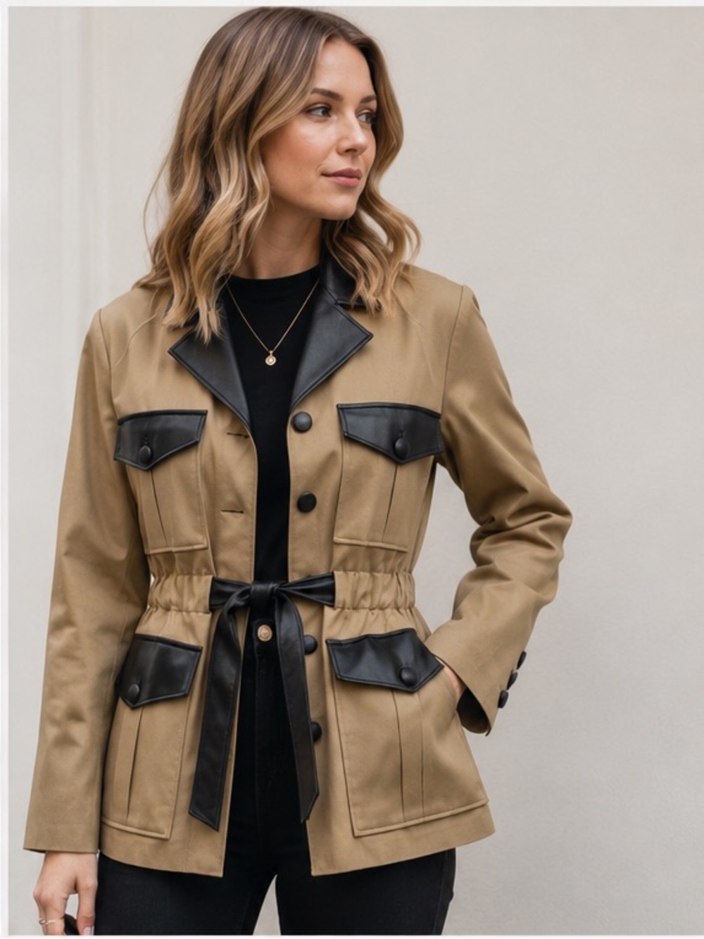 The Kooples Leather Trim Belted Safari Utility Jacket in Tan & Black Size XS